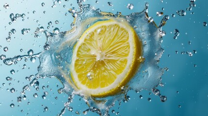 Splash of sliced lemon with water drops over blue background