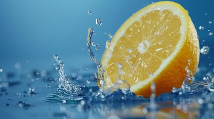 Splash of sliced lemon with water drops over blue background