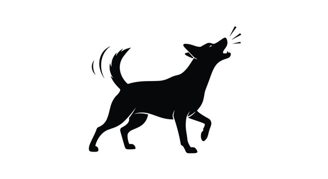 A black silhouette of a dog barking and wagging its tail.