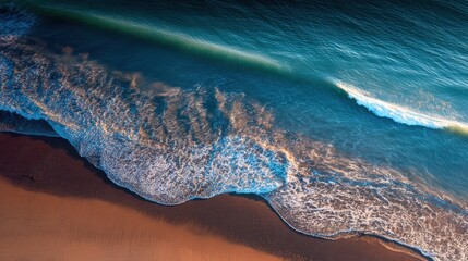 Coastal Symphony: The image shows ocean waves washing over a sandy shore, a dynamic interplay of water, sand, and sunlight, presenting the raw beauty and endless cycle of nature's coastal processes. 