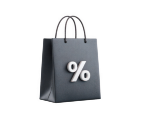 A textured dark gray shopping bag with a white percentage symbol on its front, isolated on a transparent background, symbolizing discounts and sales