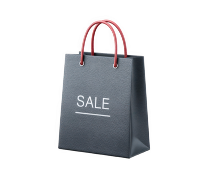 A dark grey shopping bag with red handles and the word sale printed on it in white, isolated on transparent background
