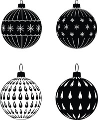 Christmas ornament silhouettes, snowflake pattern icons, festive decoration vector, black and white clipart, holiday design, teardrop shapes, seasonal graphic