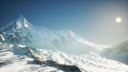 Snow capped peaks rise majestically against a serene blue sky as the sun sets, casting a soft glow over the tranquil valleys and rugged terrain, inviting exploration and wonder.