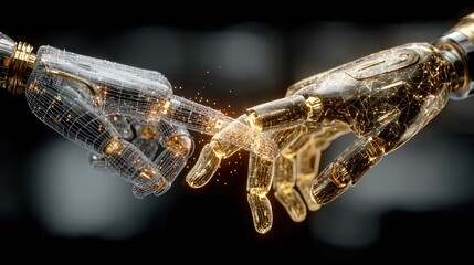 Golden Touch: A mesmerizing juxtaposition of metallic robotic hands, their fingertips nearly touching, evokes themes of connection, technological marvel, and the potential future of humanity. 