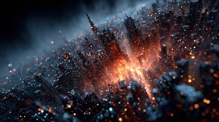 Urban Inferno: A gripping, artistic view of a city consumed by a dramatic fiery event, with building silhouettes silhouetted against a background of smoldering devastation and a blazing aftermath.