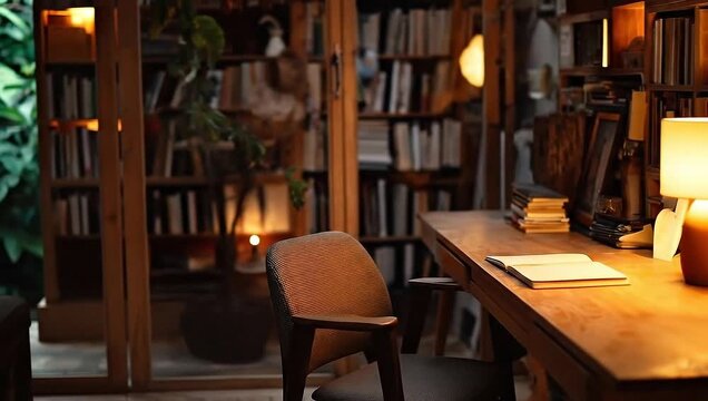 Cozy warm home library interior with wooden bookshelves, soft lamp lighting, comfortable reading chair, and peaceful study atmosphere for relaxation and focus - Powered by Adobe