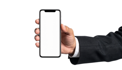 A hand elegantly presenting a modern smartphone with a clear screen, perfect for showcasing your content. The suit jacket adds a touch of professionalism.