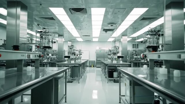 Clean lab interior with metal tables and equipment for experiments