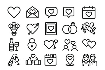 Love and romance line icon set for wedding, Valentine's Day, and dating. Vector symbols collection includes heart, rings, cupid, flowers, couple. Editable stroke design.