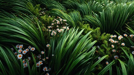 Serene Meadow: A close-up view of a lush, green meadow teeming with various plants. It is a symphony of vibrant hues and textures, capturing nature's delicate beauty in vivid detail.
