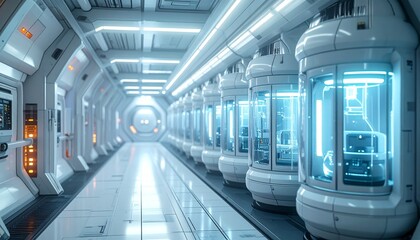 Fototapeta premium A futuristic laboratory or research facility with advanced scientific equipment. The scene evokes a sense of innovation and discovery.