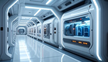 Obraz premium Futuristic interior corridor in a spaceship, illuminated with bright lights and a sense of advanced technology