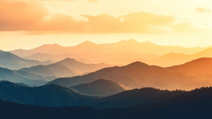 Golden Hour Over Mountain: The sun dips below the horizon, casting a warm, golden glow over a majestic mountain range, creating a breathtaking landscape