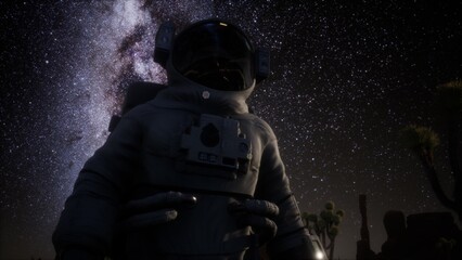 Naklejka premium Under a canopy of countless stars, an astronaut gazes upward, immersed in the beauty of the cosmos. Surrounded by unique desert flora, the vastness invites contemplation and wonder.