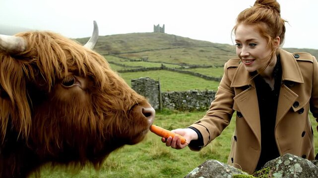 Young woman with red hair feeding a carrot to a friendly highland cow in the scottish highlands
