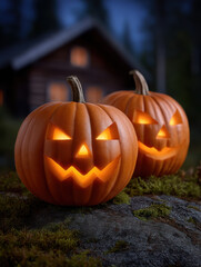 Glowing jack o lanterns on mossy rock near abandoned cabin at night, creating spooky Halloween atmosphere