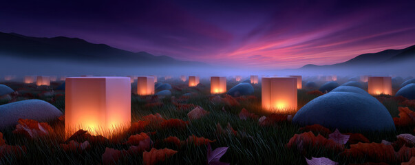 Foggy cemetery with glowing lanterns and fallen leaves under dramatic twilight sky, evoking serene and mystical atmosphere