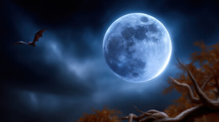 Glowing full moon illuminates dark Halloween night sky with bat flying and eerie tree branches in foreground