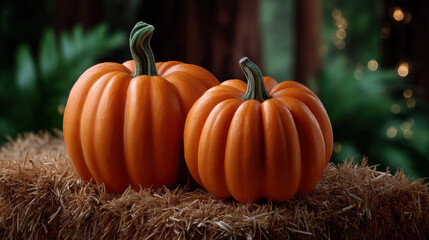 Two orange pumpkins resting on hay bale in forest clearing, surrounded by soft, warm lighting