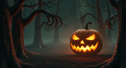 Spooky jack o lantern glowing in dark haunted forest
