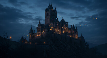 Haunted castle on hill glowing with eerie lanterns
