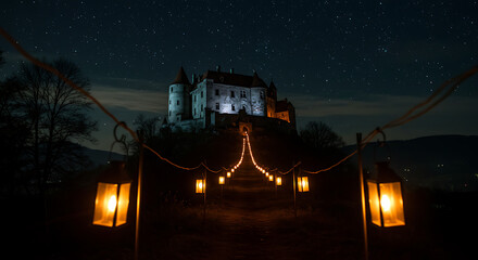 Haunted castle on hill glowing with eerie lanterns
