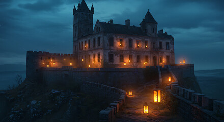 Haunted castle on hill glowing with eerie lanterns
