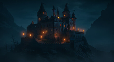 Haunted castle on hill glowing with eerie lanterns
