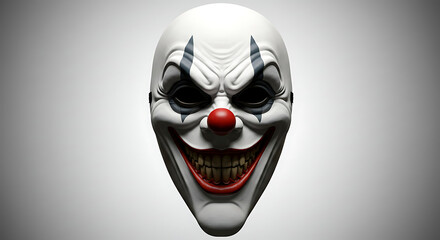 Evil clown face with sinister smile on white mask
