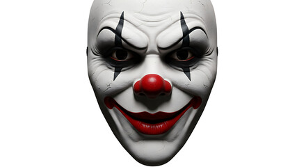Evil clown face with sinister smile on white mask
