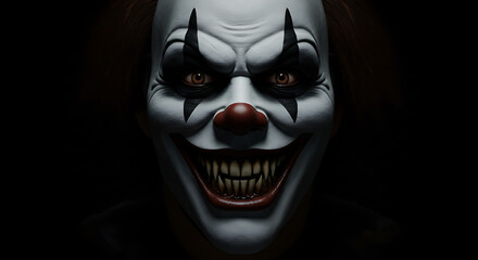 Evil clown face with sinister smile on white mask
