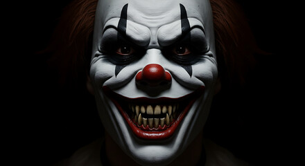 Evil clown face with sinister smile on white mask
