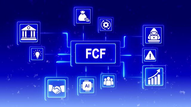 F C F business concept diagram with glowing blue icons representing finance growth investment