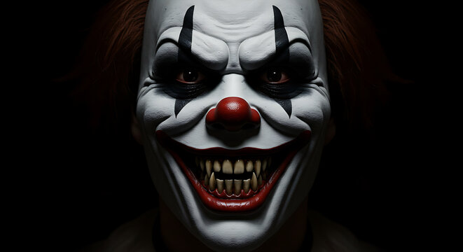 Evil clown face with sinister smile on white mask
