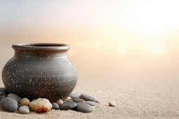 Half-Buried Pot Among Stones on a Sunlit Beach with Shimmering Light