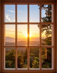 Fototapeta premium Window view of sunrise over mountains