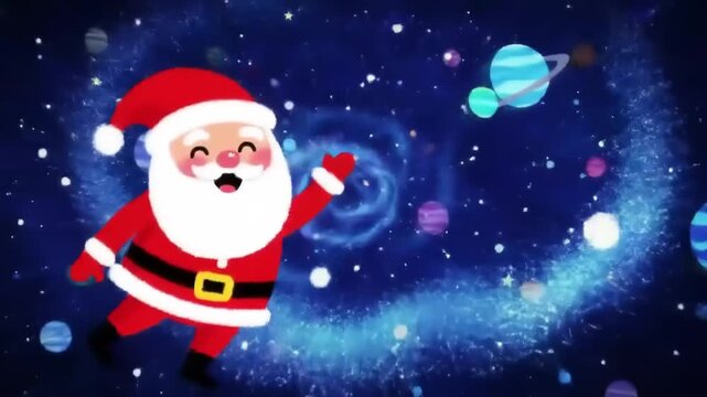 Animated santa claus floating in space with planets and stars