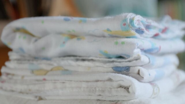 baby cloths and towels neatly stacked, stack of baby towels, cloths in soft pastel colors, comforting fabric for infant care, family-related content, symbolizing hygiene, hospitals or nurseries use