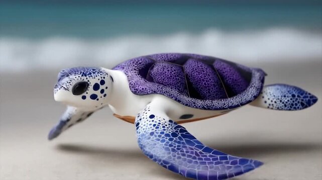 Sea turtle illustration on a sandy beach with ocean background