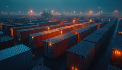 Naklejka premium Night scene shows illuminated freight containers in storage terminal. Arrangement of cargo illustrates logistic network, global trade. Future of shipping port in urban setting with advanced tech.