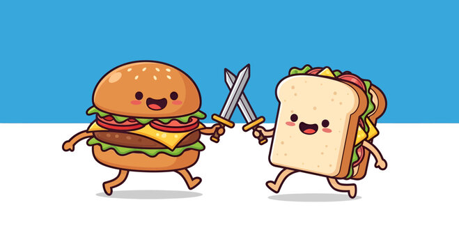Burger versus Sandwich epic culinary duel, a charming fast food face off illustration