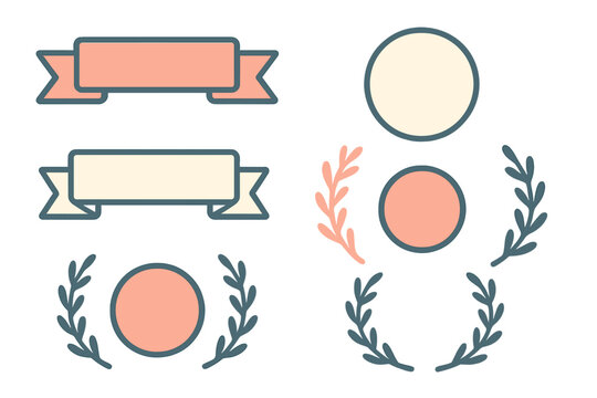 Set of decorative graphic elements featuring ribbons, circular frames, and botanical leaf branches