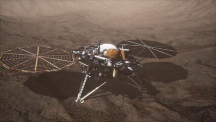 A robotic lander rests on the rocky Martian surface, equipped with solar panels and scientific instruments, capturing data about the planets geology and seismic activity during its ongoing mission. © icetray