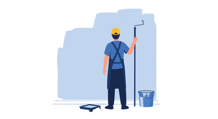 Painter Applying Blue Paint to a Wall with Roller and Bucket.