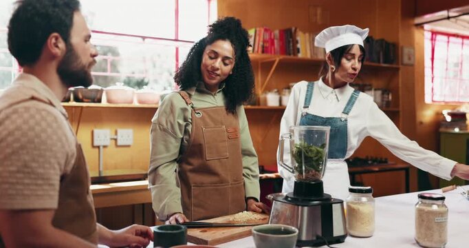 Cooking, team and listening to mentor, kitchen and interns with measurements for meal, help and talk. Restaurant, women and man with ingredients for food prep, instructions and advice for skills