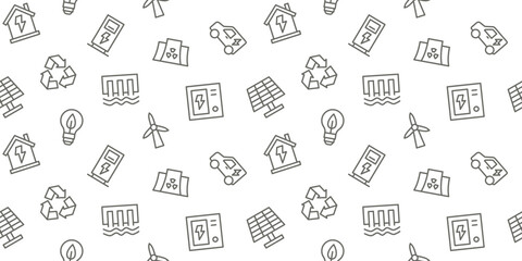 Seamless Vector Pattern of Renewable Energy and Ecology Icons, Monochrome Line Outline Repeating Design on White Background, Sustainable Power and Green Environment Concept