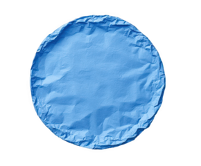 A crumpled blue paper circle isolated on a transparent background, showing texture and irregular edges, perfect for design elements or abstract concepts