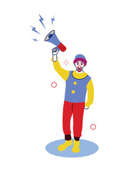 Happy clown character in bright costume using a loudspeaker, ideal for carnival advertisements, festive event marketing, kids’ entertainment banners, and celebration announcement vector illustrations