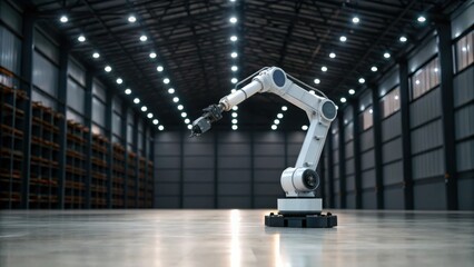 A robotic arm in an industrial warehouse, showcasing advanced automation technology in a spacious, well-lit environment.